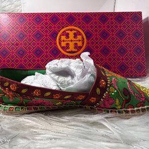 Tory Burch Green and Pink Espadrilles with Embroidered Design